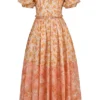 Penelope Midi-zomerjurk met pofmouwen en perzik- en papaverprint