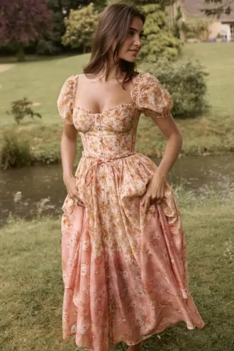 Penelope Midi-zomerjurk met pofmouwen en perzik- en papaverprint