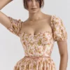 Penelope Midi-zomerjurk met pofmouwen en perzik- en papaverprint