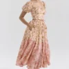 Penelope Midi-zomerjurk met pofmouwen en perzik- en papaverprint