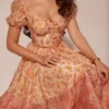 Penelope Midi-zomerjurk met pofmouwen en perzik- en papaverprint