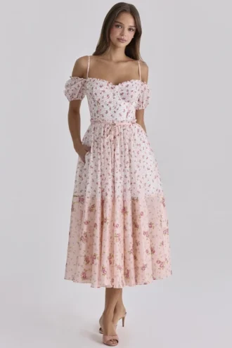 Penelope witte midi-jurk met rozenprint en georgette lint