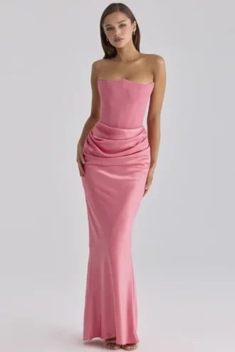 Persephone Framboos Satijn + Crêpe Strapless Korset Maxi Jurk