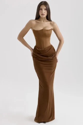 Persephone koffiekleurige fluwelen strapless korset maxi-jurk
