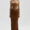 Persephone koffiekleurige fluwelen strapless korset maxi-jurk