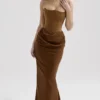 Persephone koffiekleurige fluwelen strapless korset maxi-jurk