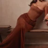 Persephone koffiekleurige fluwelen strapless korset maxi-jurk