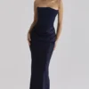 Persephone marineblauwe satijnen + crêpe strapless corset maxi-jurk