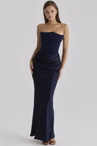 Persephone marineblauwe satijnen + crêpe strapless corset maxi-jurk