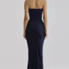 Persephone marineblauwe satijnen + crêpe strapless corset maxi-jurk