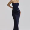 Persephone marineblauwe satijnen + crêpe strapless corset maxi-jurk