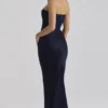 Persephone marineblauwe satijnen + crêpe strapless corset maxi-jurk