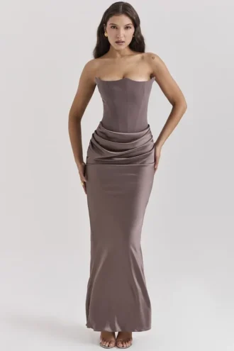 Persephone rookkleurige strapless korset maxi-jurk