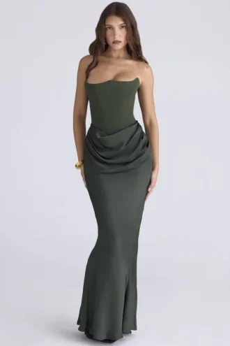 Persephone smaragdgroene crêpe strapless korset maxi-jurk