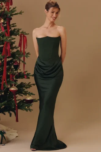 Persephone smaragdgroene crêpe strapless korset maxi-jurk