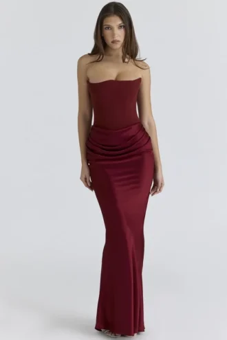 Persephone Wine strapless korset maxi-jurk
