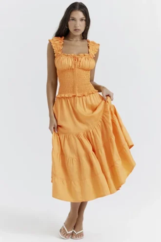 Phedra Tangerine Shirred Zomerjurk