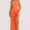 Pixie Flame Orange Ruffle Maxi Jurk