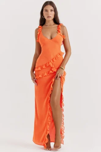 Pixie Flame Orange Ruffle Maxi Jurk