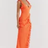Pixie Flame Orange Ruffle Maxi Jurk