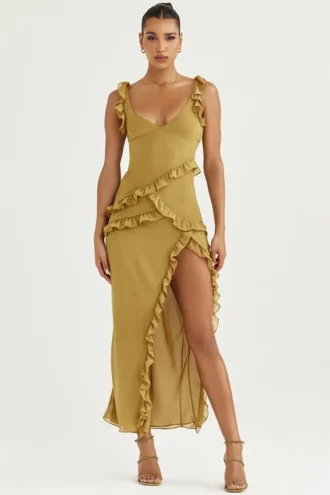 Pixie Olive Ruffle Maxi Jurk