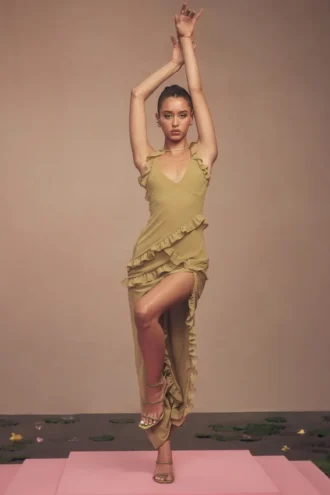 Pixie Olive Ruffle Maxi Jurk