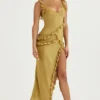 Pixie Olive Ruffle Maxi Jurk