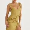 Pixie Olive Ruffle Maxi Jurk