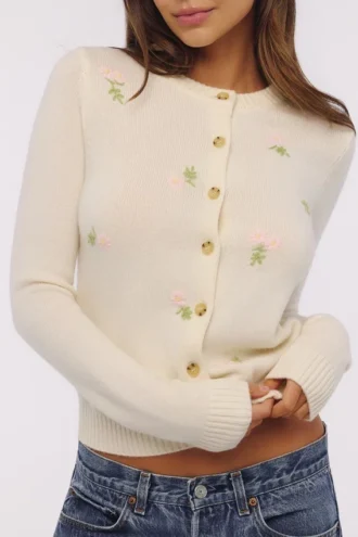 Poppie Crème Wol + Kasjmier Roze Geborduurd Vesten