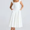 Raisa witte midi-jurk met vierkante hals van twill