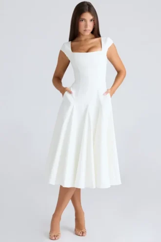 Raisa witte midi-jurk met vierkante hals van twill
