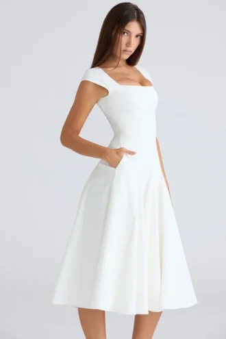 Raisa witte midi-jurk met vierkante hals van twill