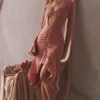 Reine Rose midi-jurk van echte zijde met ruches