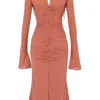 Reine Rose midi-jurk van echte zijde met ruches