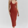 Ria Terracotta Stretch Katoenen Getailleerde Midi-jurk