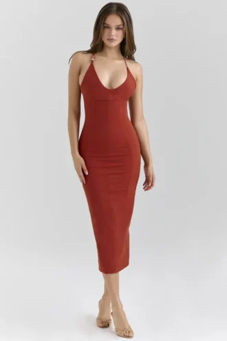 Ria Terracotta Stretch Katoenen Getailleerde Midi-jurk