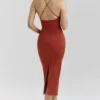 Ria Terracotta Stretch Katoenen Getailleerde Midi-jurk