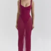 Robina wijnrode stretch mesh maxi-jurk