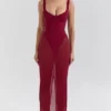 Robina wijnrode stretch mesh maxi-jurk