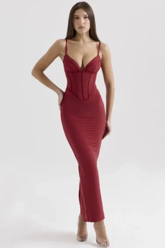 Romy Wine Mesh Bodycon Maxi-jurk