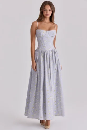 Rona Blauwe Maxi-jurk met kanten vetersluiting en wilde bloemenprint