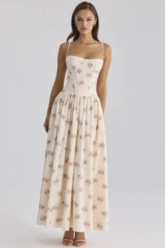 Rona ivoorkleurige katoenen maxi-jurk met vintage rozenprint