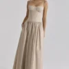 Rona Taupe katoenen korsetten-jurk maxi-jurk