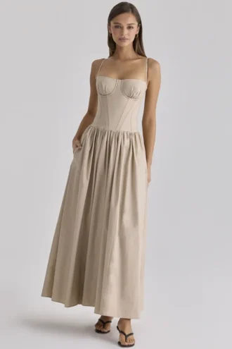 Rona Taupe katoenen korsetten-jurk maxi-jurk