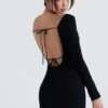 Rosa zwarte maxi-jurk met kristallen versiering