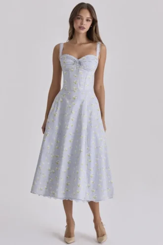 Rosalee blauwe midi-jurk met bloemenprint