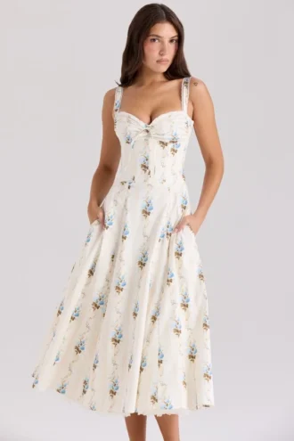 Rosalee Crème Midi-jurk met bloemenprint en korset