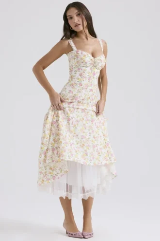 Rosalee ivoorkleurige katoenen bustier-Zomerjurk met weideprint