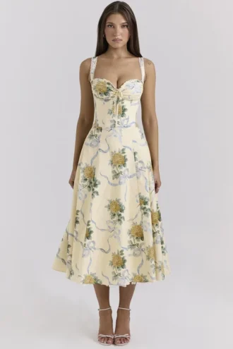 Rosalee Lemon Vintage Midi-jurk van katoen met lintprint