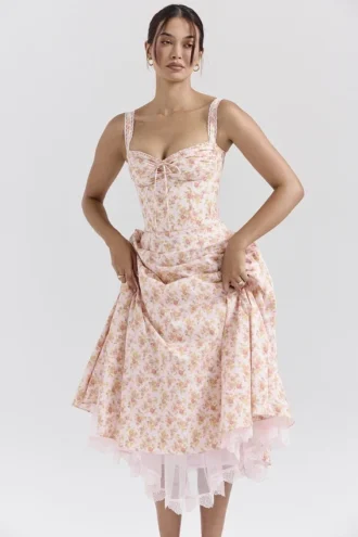 Rosalee perzikkleurige katoenen bustier-Zomerjurk met papaverprint